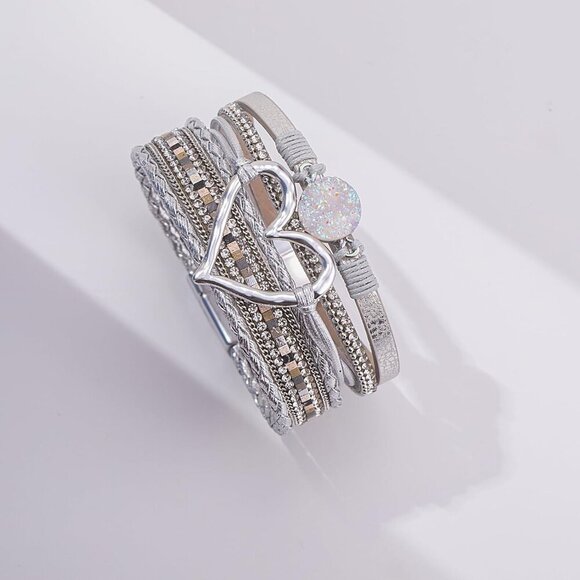 Heart Leather Wrap Bracelet Silver Boho Cuff Rhinetone Magnetic Clasp Women - Picture 7 of 9